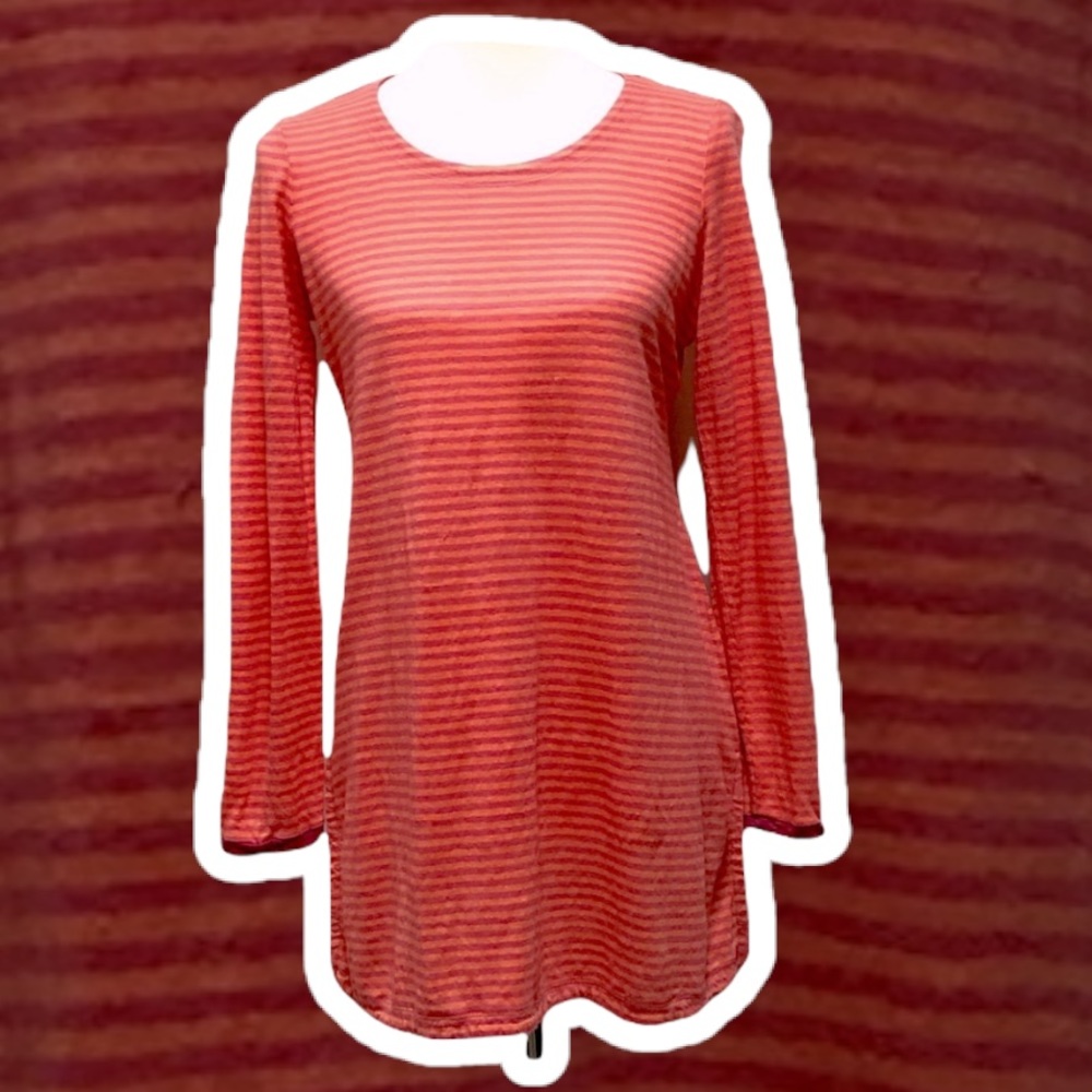 EILEEN FISHER TOP SIZE SMALL PETITE LINEN ORANGE PINK STRIPED LONG SLE…
